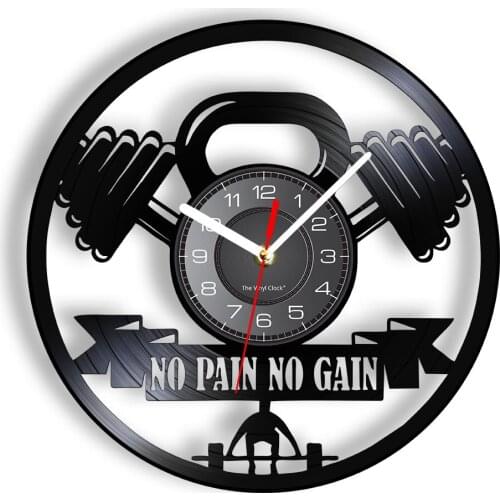 NO PAIN NO GAIN Barbell Weight Lifting Silent Wall Clock Home Gym Fitness Room Sign Vinyl Record Wacth For Bodybuilding Center