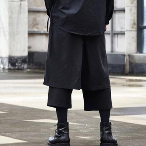 Men Fake 2PCS Splice Loose Casual Wide Leg Pant Male Japan Kimono Streetwear Hip Hop Skirt Trousers Harem Pant Stage Clothing