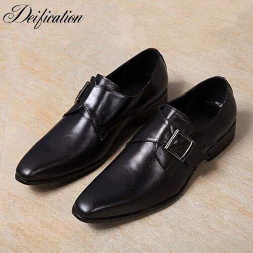 Deification New Sapato Social Masculino Slip On Men Dress Shoes Casual Buckle Strap Prom Loafers Black Leather Men Driving Shoes