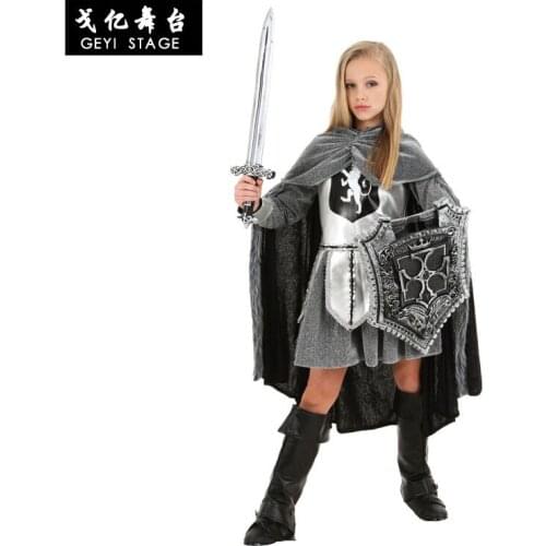 Child Kids Robes Swordwomen Costume for Girls Medieval Warrior Knight Costumes Fancy Dress Halloween Purim Carnival Party