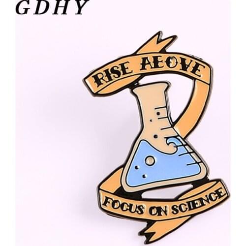 GDHY Chemistry Experimental bottle Enamel Pins 'RISE ABOVE FOCUS ON SCIENCESlogan Banner Brooches Badges Pins Gift for Friends