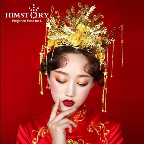 HIMSTORY Classical Chinese Wedding Phoenix Queen Coronet Crown Brides Gold Hair Jewelry Accessories Tassel Wedding Hairwear