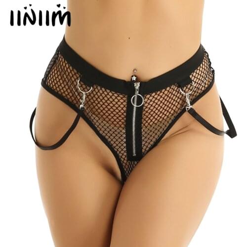 Iiniim Women Hot See Through Fishnet Hollow Out Sexy Lingerie Panties Zipper with Side Straps Booty Shorts Underwear Clubwear