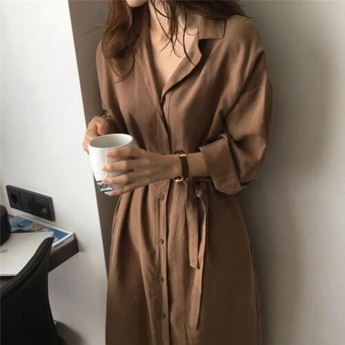 Korean Style Women Autumn Dress Long Sleeve Turn Down Collar Loose Cozy Casual Shirt Dresses Ladies Midi Minimalist Dress