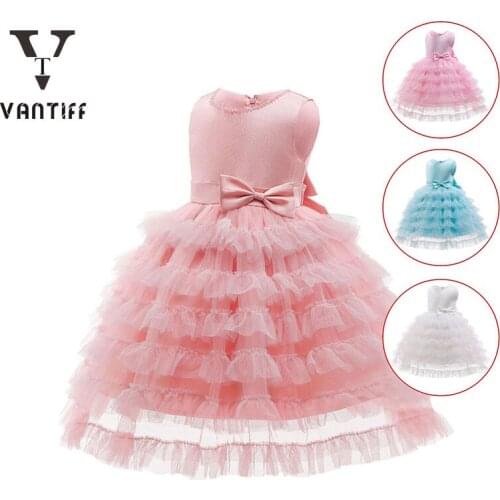 Baby Girls Lace Bow Cake Layered Elegant Princess Dress Kids Dresses For Girls Carnival Party Ball Gown Children Clothing Summer