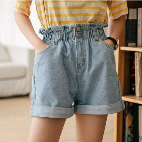 Summer Women High Waist Denim Shorts Casual Loose Ladies Fashion Roll Up Hem Elastic Waist Pocket Female Blue White Jeans