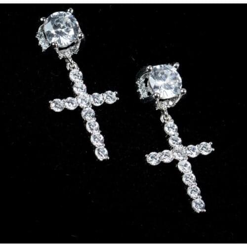Fashion Gold Plated Cross Crystal Bridal Long Drop Earrings Rhinestones Wedding Dangle Earrings For Men Women cool Jewelry Gift