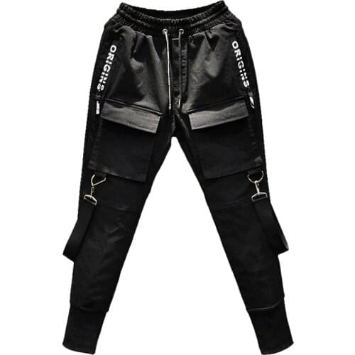 2019 New Summer Style Men Joggers Trousers Hip Hop Streetwear Side Zipper Pockets Ribbon Sweatpants Pencil Pants ABZ358