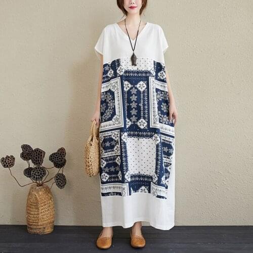 National Style Women Cotton Linen Long Maxi Dress Robes Vestidos 2021 New Comfortable V-Neck Retro Floral Dresses Pockets White