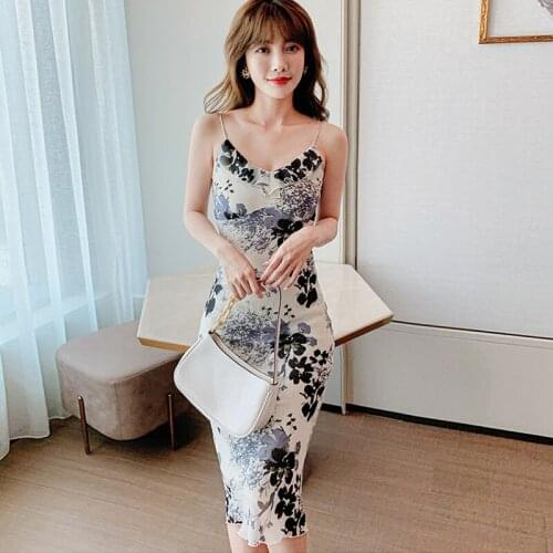 New Fashion Summer Midi Party Club Dress Ladies Skinny Sexy Strap Sleeveless V-Neck Print Ruffle Chiffon Bodycon Beach Dress