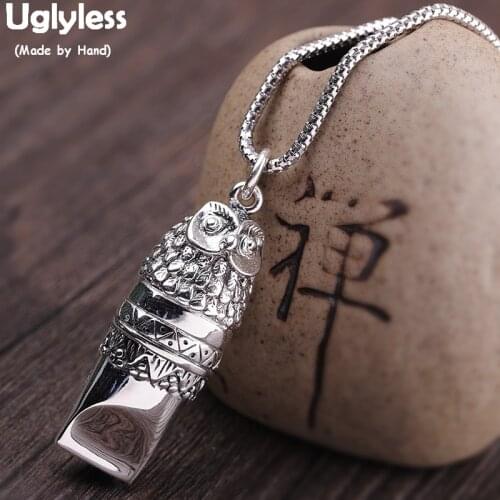 Uglyless Blowing Lovely Owl Whistle Pendants for Women Men Unisex Thai Silver Owl Necklaces NO Chains 925 Silver Jewelry P811