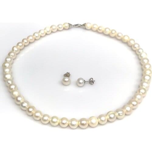 Genuine White Pearl Necklace Earring Silver Set