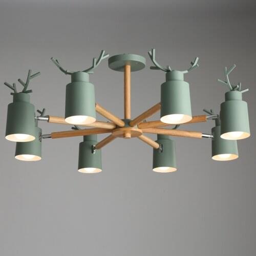Nordic Oak wood E27 ceiling chandelier Iron Deer head Shape kitchen living room bedroom Chandelier Lighting Macaroon 7 colos D33