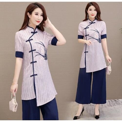 Traditional Chinese Clothing For Women Irregular Striped Cheongsam Top Summer Plus Size High Waist Wide Leg Pants Set 10434