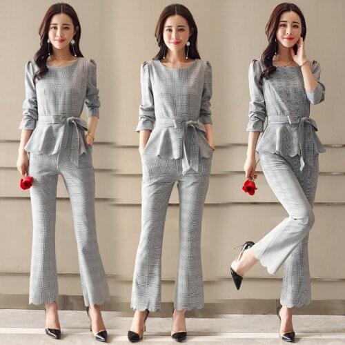 Spring Autumn womens sets Formal Plaid T-shirts and Flare pants 2 Pieces Set Business Office Wear Pant Suits Women Pant Suits