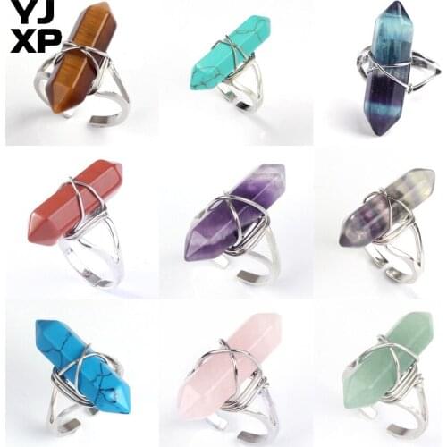YJXP Silver Plated Green Fluorite Stone Rock Crystal Hexagon Column Wire wrapped individual Resizable Ring Fashion Jewelry