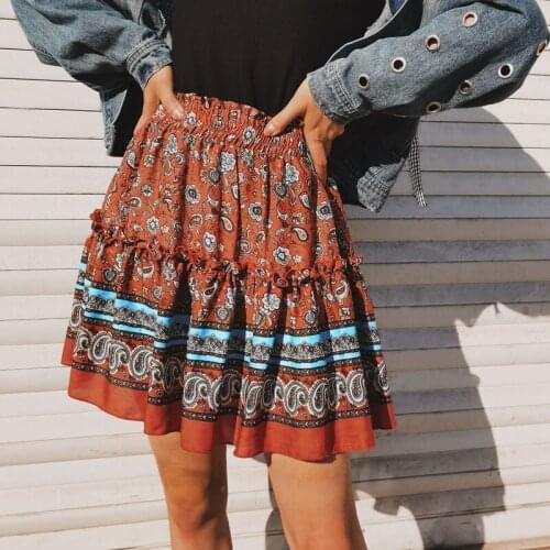 Summer Style Casual Womens Beach Boho Mini Skirt Womens Fashion Flower Print Skirt Jujube Red L Size