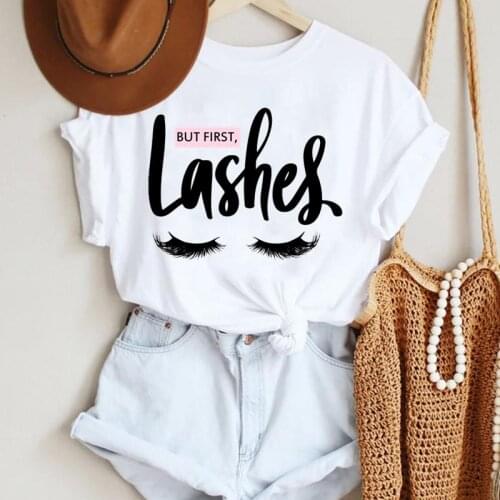 Women Make Up Letter Funny New Eye Eyelash Fashion Cartoon Summer Lady Print Tee Graphic T Top Female Tshirts Clothes T-Shirt