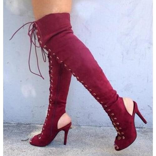 Moraima Snc Wine Red Lace up Boots Slingback Stiletto Heels Over-the-knee Boots Sexy Peep Toe Thigh high Boots for Woman
