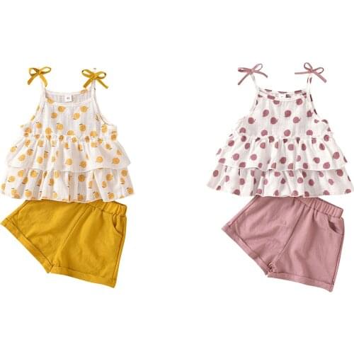 Girls Summer Two Piece Set Fashion Fruit Polka Dot Suspender Tops and Solid Color Short Pants 1-4T