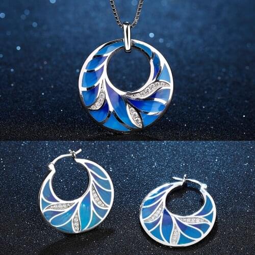 OGULEE 100% 925 Sterling Silver AAA Zircon Jewelry Sets Blue Enamel Flowers leaves Necklace Pendant for Women Lady Hoop Earrings