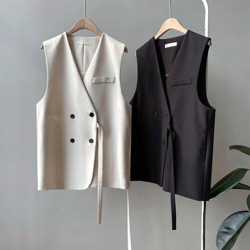 0258 New Autumn Women Suits Vest Casual Korean V-Neck Double Breasted Thin Bandage Comfortable Waistcoat Female Sleeveless Coat