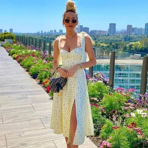 Summer Print Dress Women 2021 New Sleeveless Tie Up Bow Strap Elegant Midi Dresses Casual Sexy Side High Split Floral Dresses