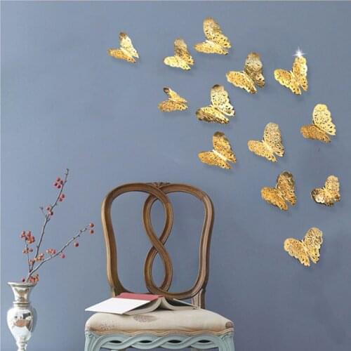 12Pcs/lot 3D Golden Silver Butterfly Wall Stickers Art Home Decorations Wall Decals for Party Wedding Butterflies Decor SPA113