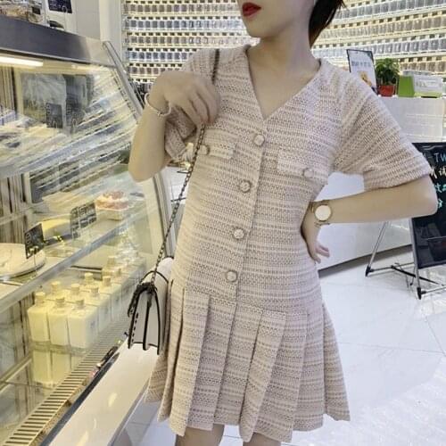 2020 Summer Sleeveless Pleated Short Dress Women Short Sleeve V-Neck Vintage Elegant Sweet Dress High Street Beige Strap Dress