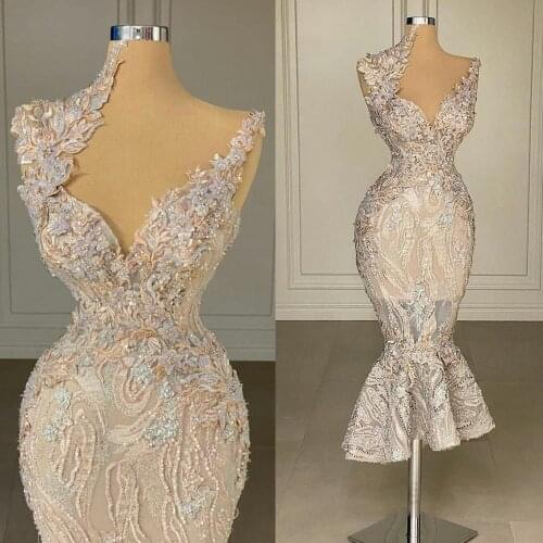 2021 Lace Mermaid Prom Dresses with Beads Illusion Short Evening Dress Plus Size Formal Special Occasion Dress