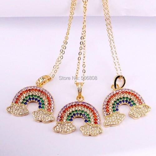 6PCS, Gold Color Cubic zirconia CZ rainbow pendant necklace