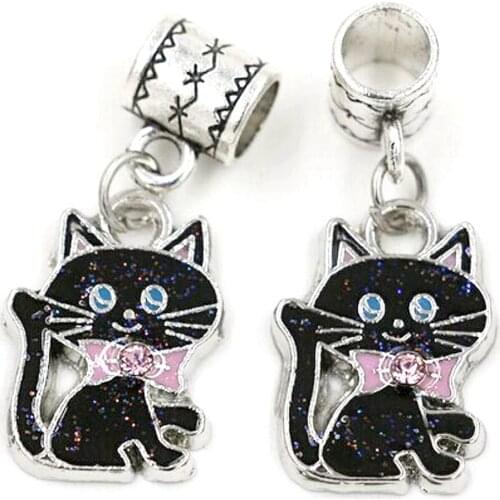 Hot ! 5 pcs Black ENAMEL Bowtie Cat Dangle Bead fit European Style Charm Bracelets 14 x 30mm nm411