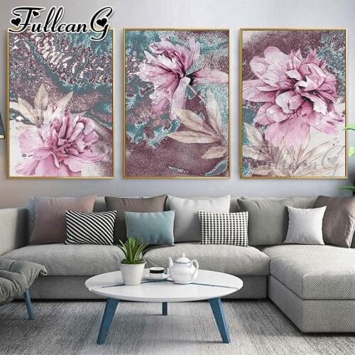 FULLCANG 5d diy diamond embroidery sale abstract pink flower diamond painting triptych full square round drill decor FC3368