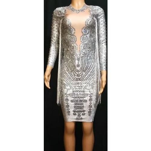 Sparkly Rhinestones Crystals Tassel Dress Sexy Nightclub Short Dress Womens Evening Prom Birthday Celebrate Dresses Bar Outfit