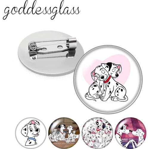 Disney 101 Dalmatians Cute dogs family Round Glass cabochon Silver color Brooch Dome Photo Jewelry Brooches Pin For Gift