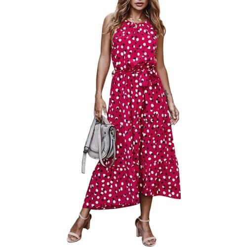 Elegant Dresses 2021 Women Casual Sleeveless Polka Dot Print Large Hem Belted Beach Long Dress Women Summer Dress