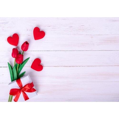 Red Heart Flower Wooden Plank Photographic Backdrop Vnyl Cloth Background for Wedding Lovers Valentines Day Birthday Photoshoot