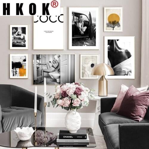 HKOK Black White Abstract Yellow Canvas Painting Fashion Sexy Lady Poster Print Wall Art Minimalist Pictures Salon Home Decor