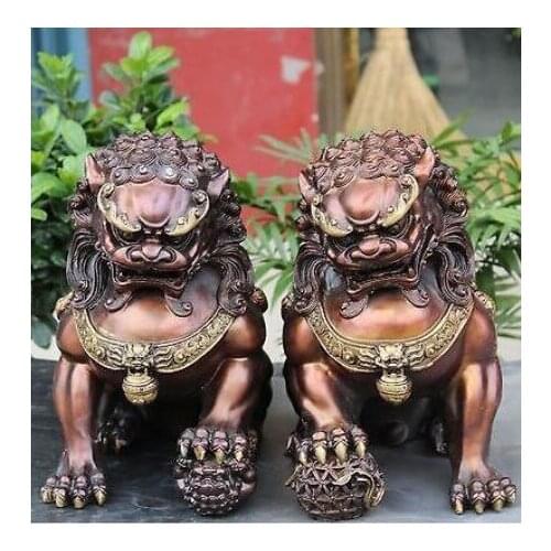 28cm Chinese Bronze Gilt Guardian Foo Fu Dog Hold Ball Door Lion Kid Statue Recommend to Buy Pair