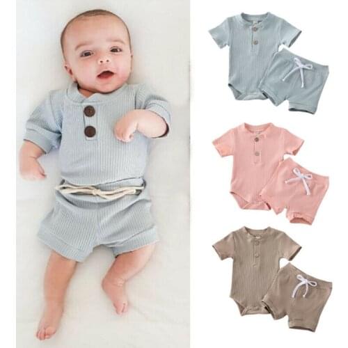 Newborn Kid Baby Boy Girl Clothes Cotton Solid Short Sleeve Cotton Romper Tops+Shorts Summer 2PCS Outfits Set