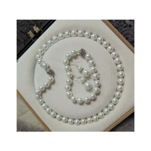10MM Natural White South Sea Shell Pearl Necklace Bracelet Earrings Set AAA