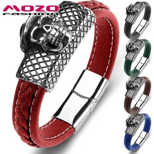 MOZO FASHION 2021 Men Hooded Skull Bracelet Leather Stainless Steel Simple Style Grid Collocation Punk High Quality Jewelry 150