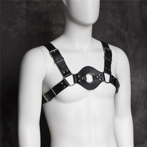 Men Sexy Punk Big O Ring leather material bustier corset sculpting chest belt leather suspenders braces pants bondage