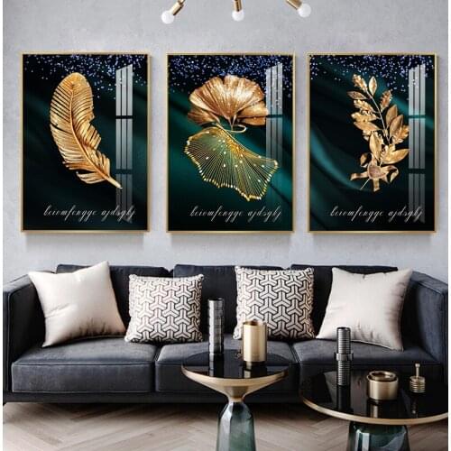 Nordic Golden abstract leaf flower Wall Art Canvas Painting feathers plant Poster Print Wall Picture for Living Room Decor