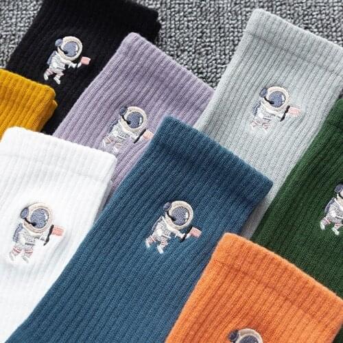 Cartoon Cute Spaceman Embroidery Woman Socks Solid Casual Black White Long Sock Harajuku Streetwear Hip Hop Skateboard Crew Sock