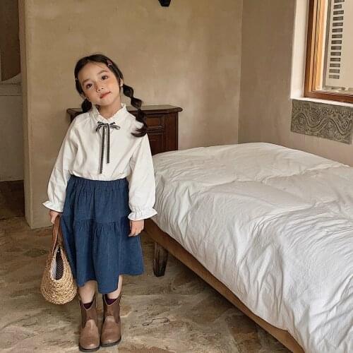 2021 autumn and winter new girls middle and small children Korean corduroy white shirt bow Korean