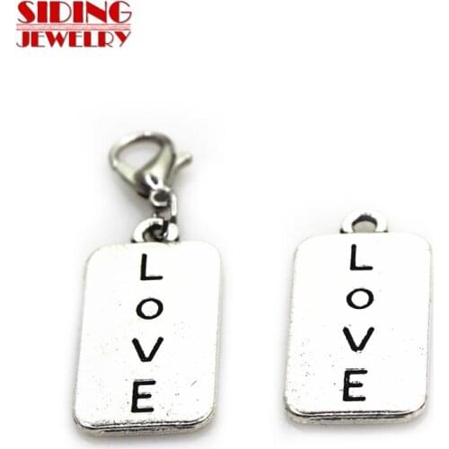New 20pcs/lot Silver Hang Tag Love Dangle Charms Lobster Clasp DIY Bracelet Necklace Pendants Jewelry Hanging Charms