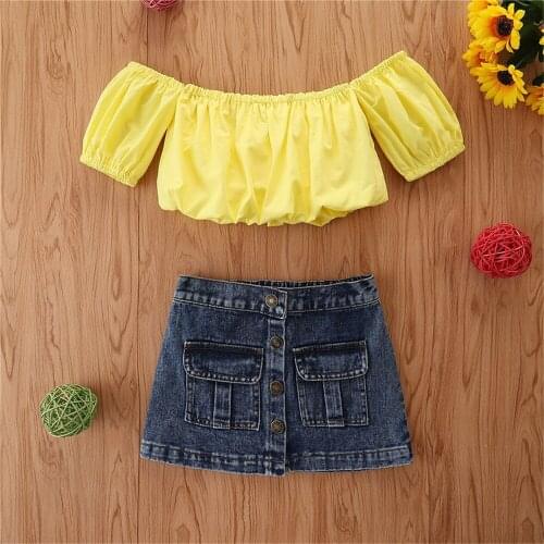 1-6T Summer 2PCS Toddler Girls Clothes Set Baby Yellow Short Puff Sleeve Tops + Button Denim Skirt