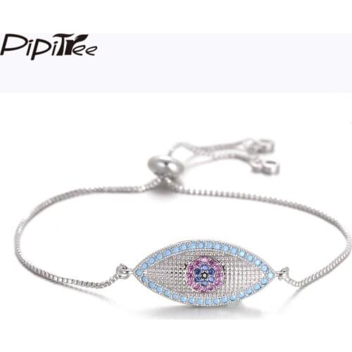 Pipitree Copper White Gold Color Blue Zircon Micro Pave Evil Eye Charm Bracelet Slider Chain Bracelets Bangles Women Jewelry