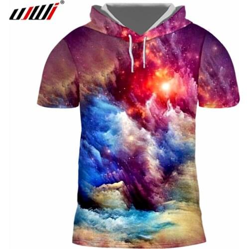 UJWI Casual Tshirts With Hood Men 3d Print Color Space Star T-shirt Hombre Fitness Undershirts Short Sleeve Hoodie Pullovers 6XL